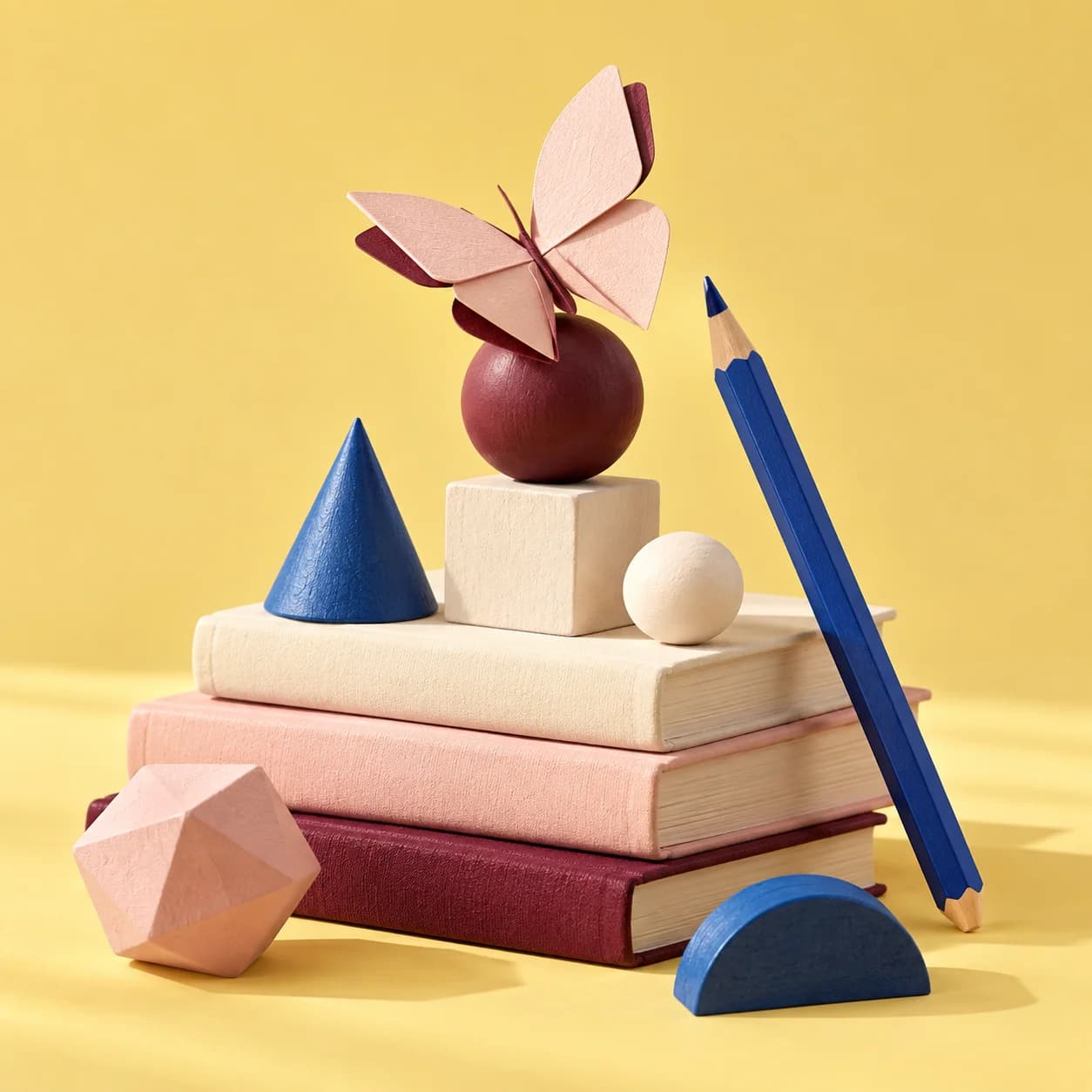 An illustrated arrangement of books, playful shapes and a pencil