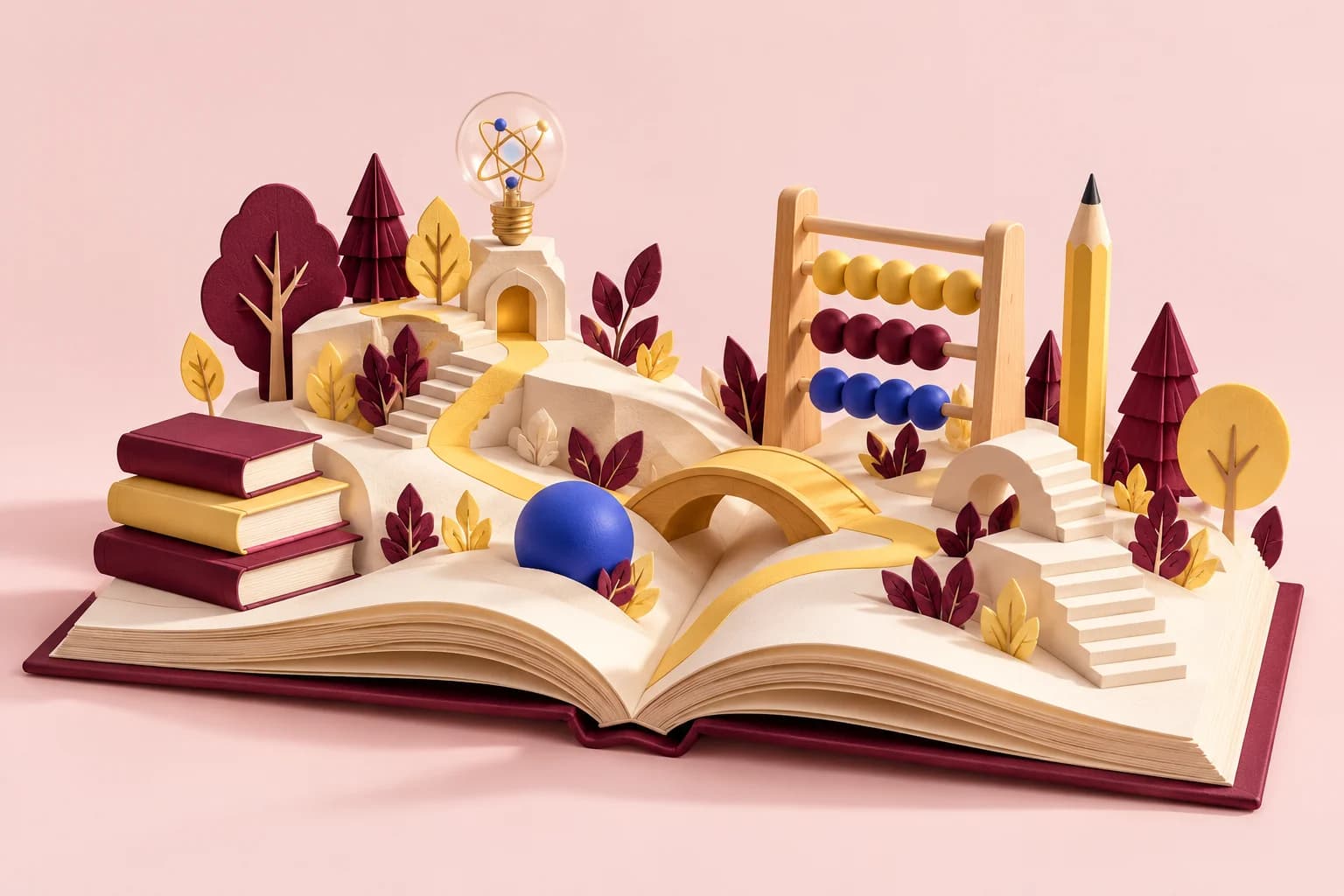 Illustration of a miniature world growing from the pages of an open book